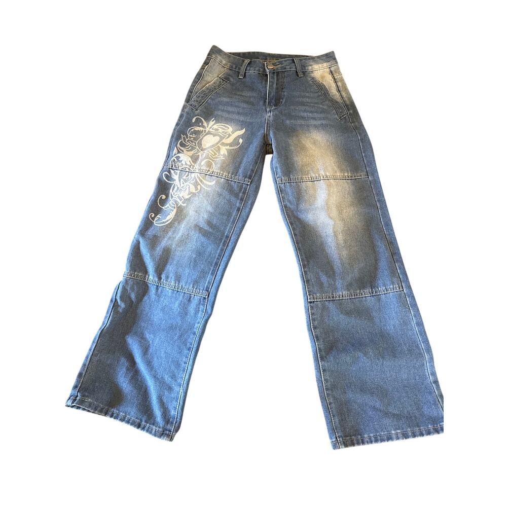 Y2K Low Rise Flare Jeans Heart Graphic Airbrushed Wash Sz S
